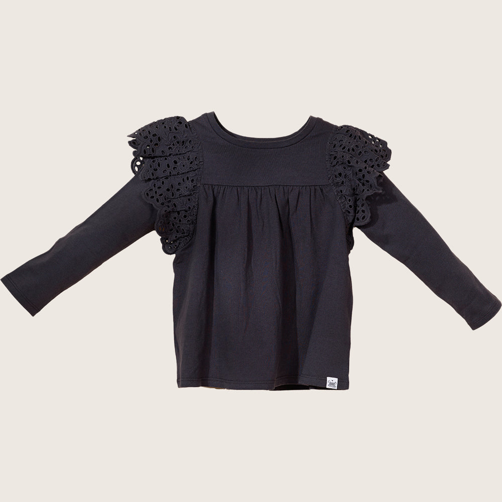 rise little earthling Ruffle Shoulder Tee TGHKT39 - Black / 5-6y