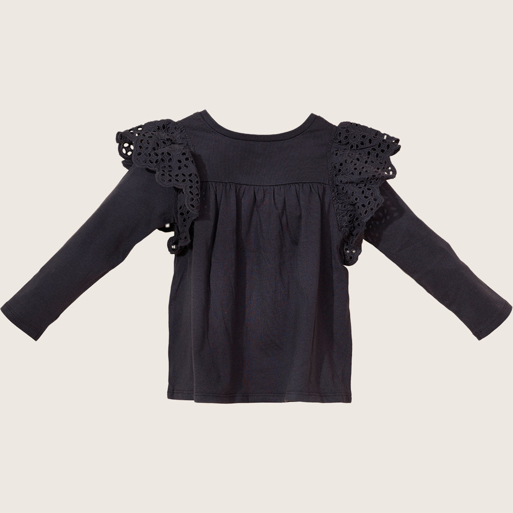 rise little earthling Ruffle Shoulder Tee TGHKT39 - Black / 5-6y - Image 3